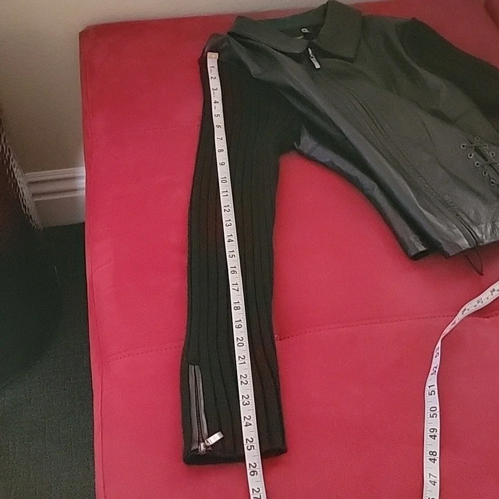 Leather & Wool Blend Knit Bikercore Moto Jacket Black size L - Picture 14 of 14